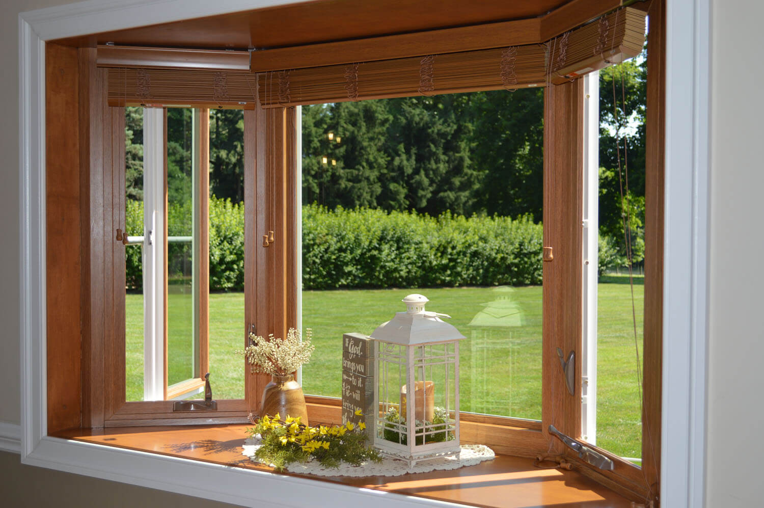 Interior view of a SoftLite bay window with wood trim